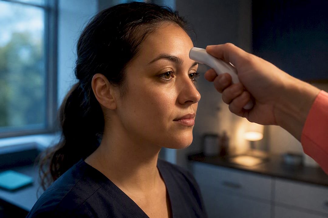 Clinician taking a forehead temperature reading
