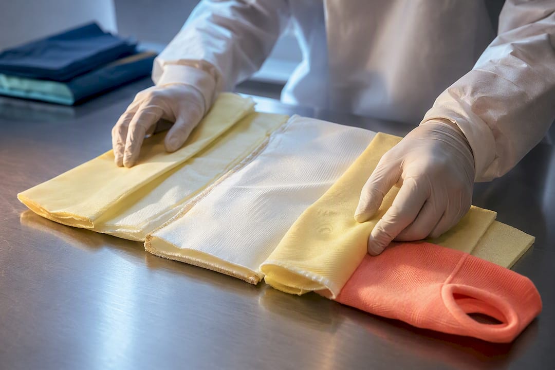 Barrier gown materials arranged for comparison