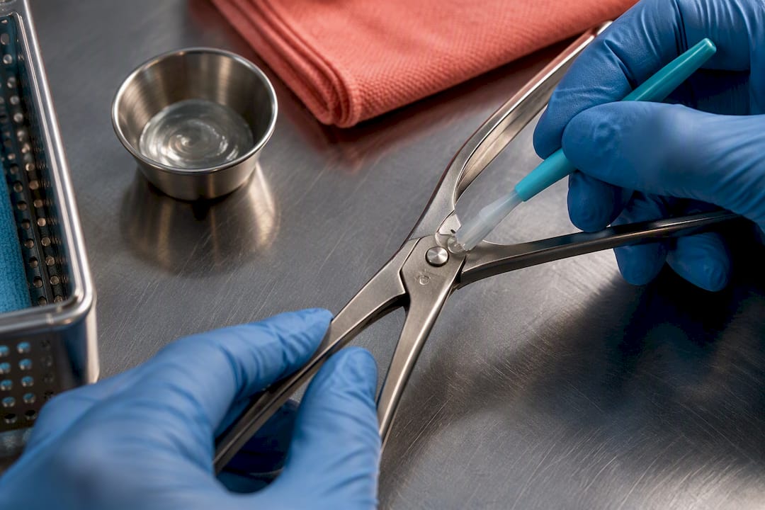 Technician lubricating a surgical instrument hinge