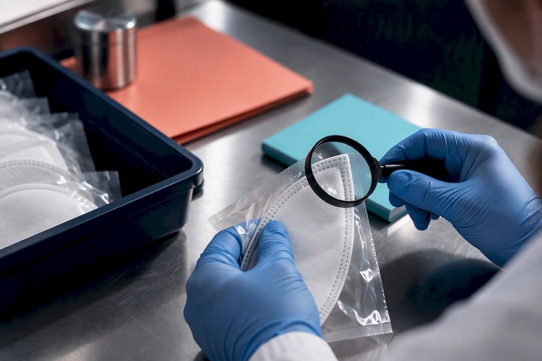 Gloved hands inspecting respirator packaging