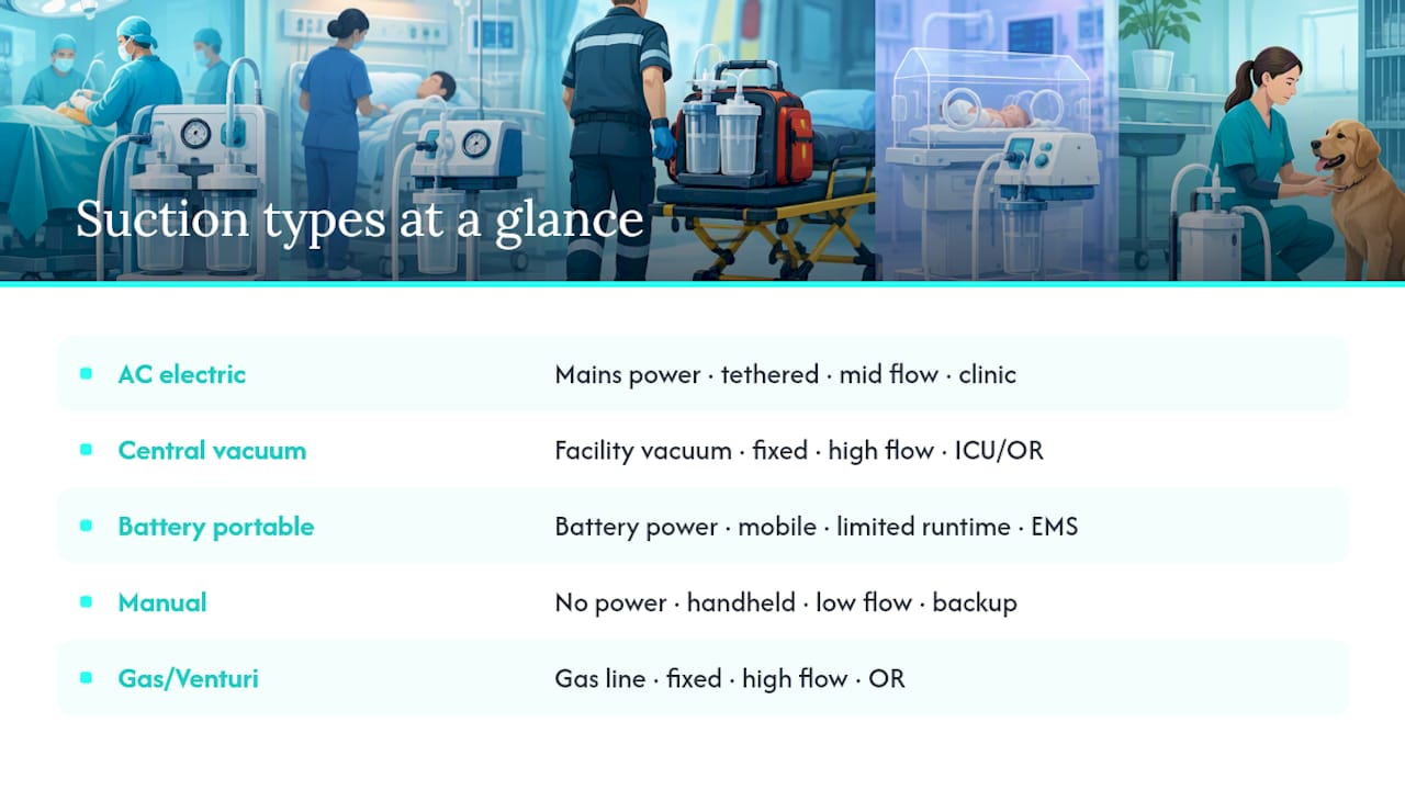 Five suction machine types compared by setting