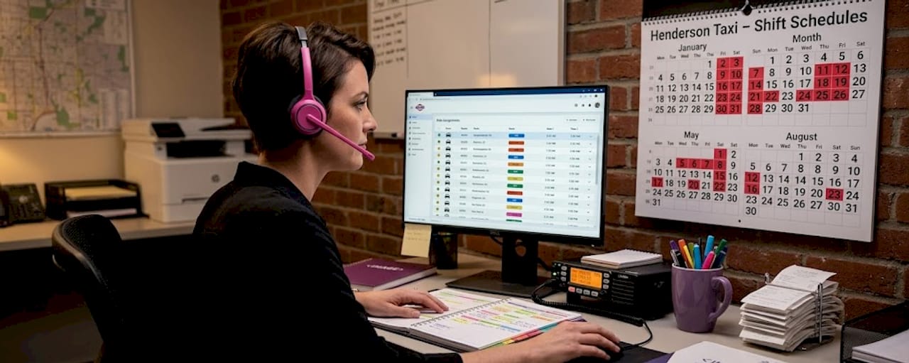 Dispatcher organizing taxi rides for shift workers