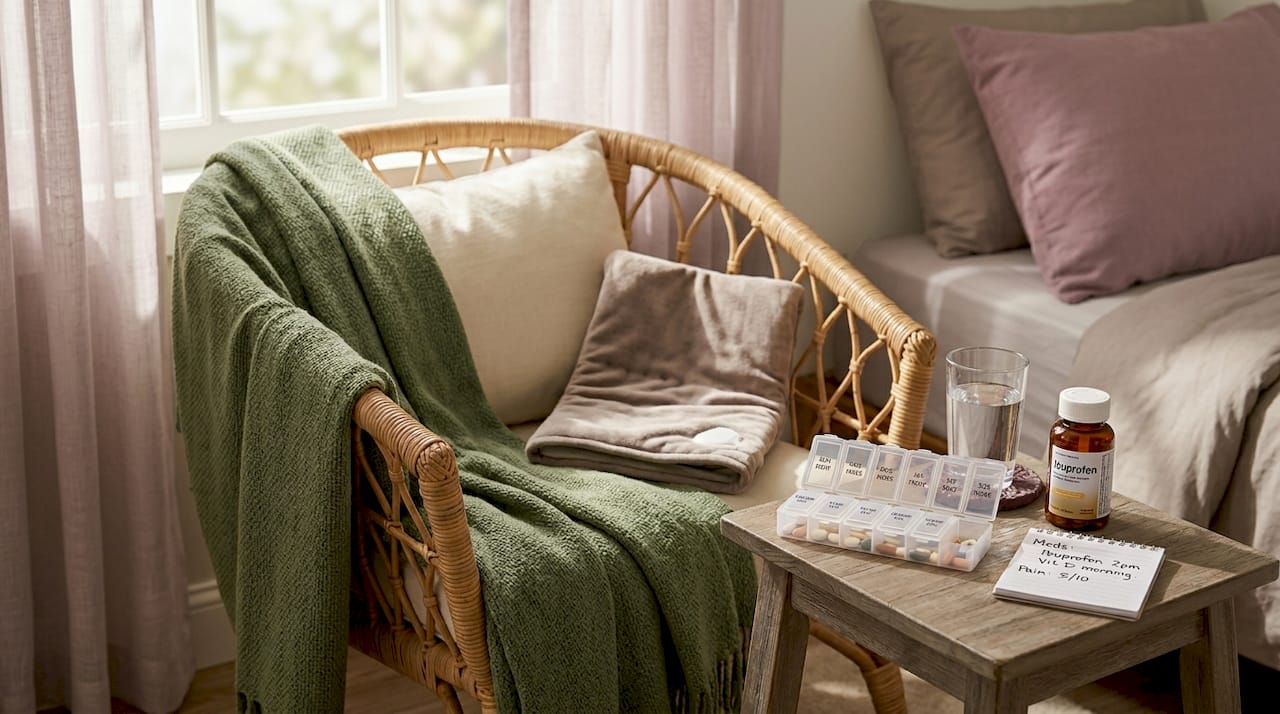 Nightstand with pain management supplies ready