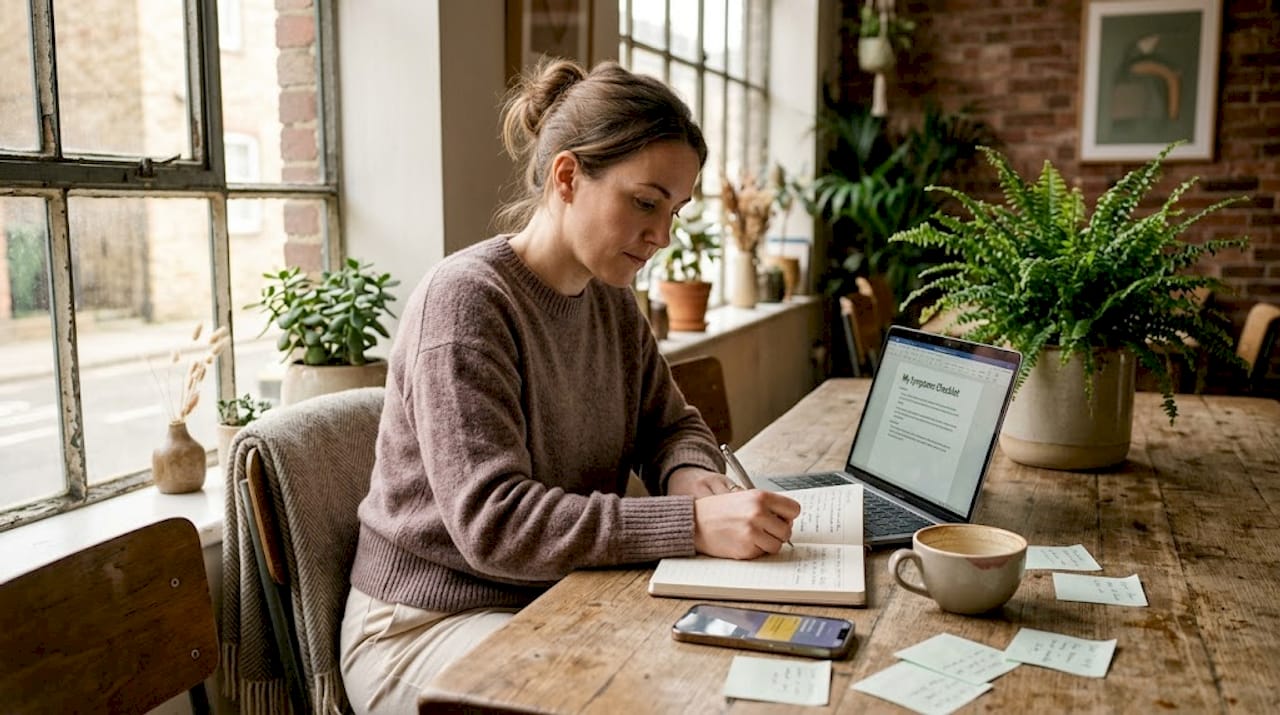 Woman prepping medical questions at kitchen table