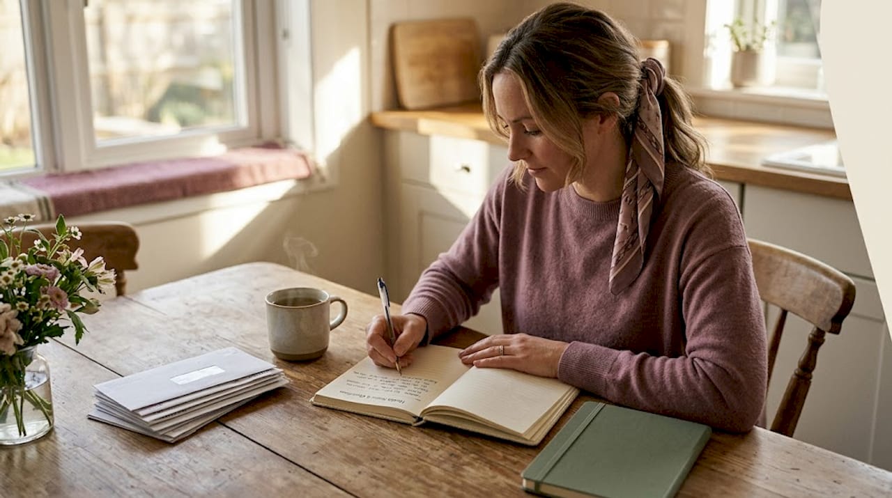 Woman writing health notes at kitchen table