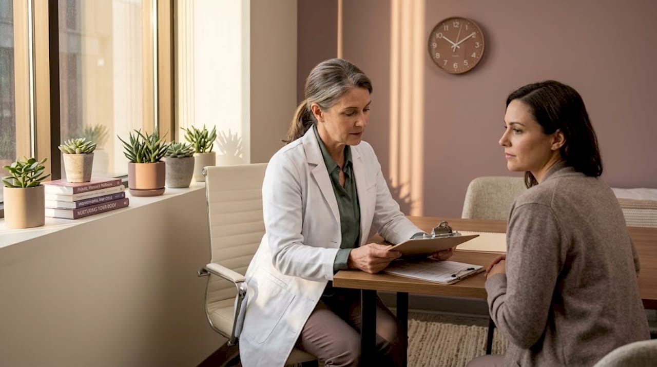Doctor and patient discuss symptoms in private office