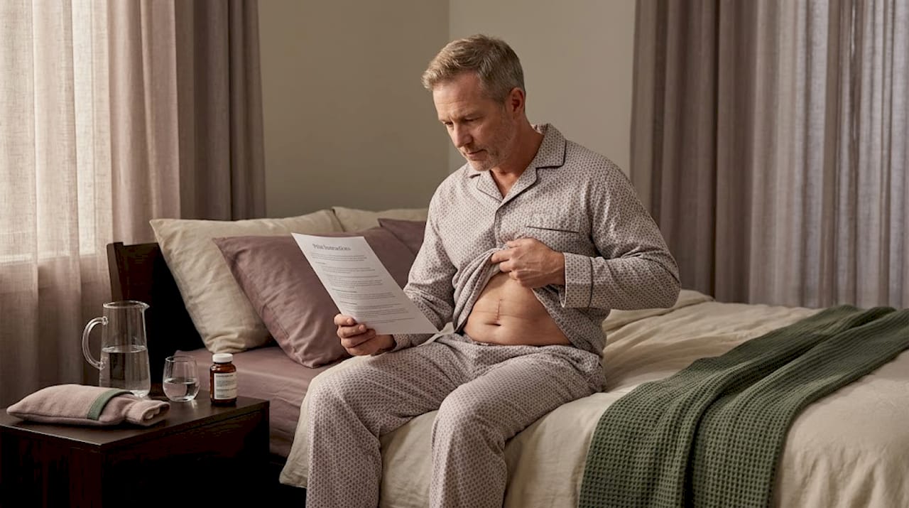 Patient reviewing post-surgery instructions at home