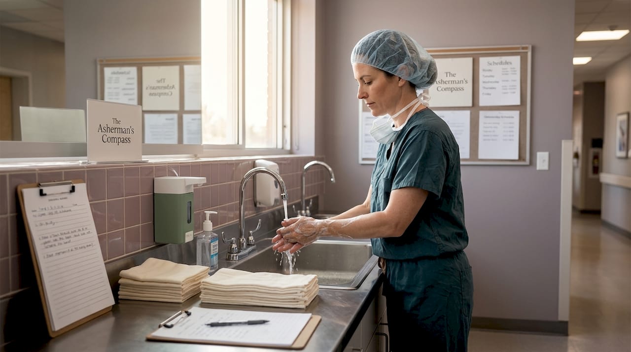 Surgeon washing hands in hospital prep area