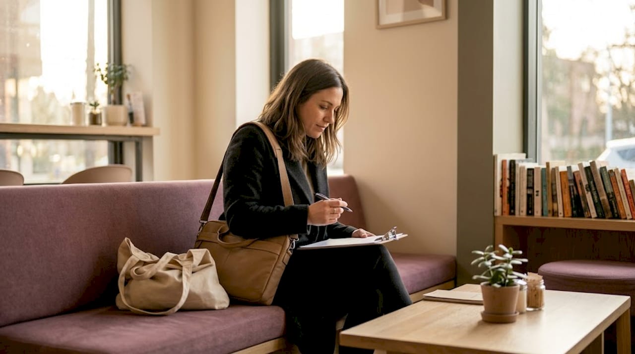 Woman reading paperwork in a quiet waiting room