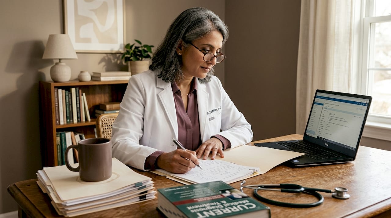 Doctor examines patient chart in consultation room