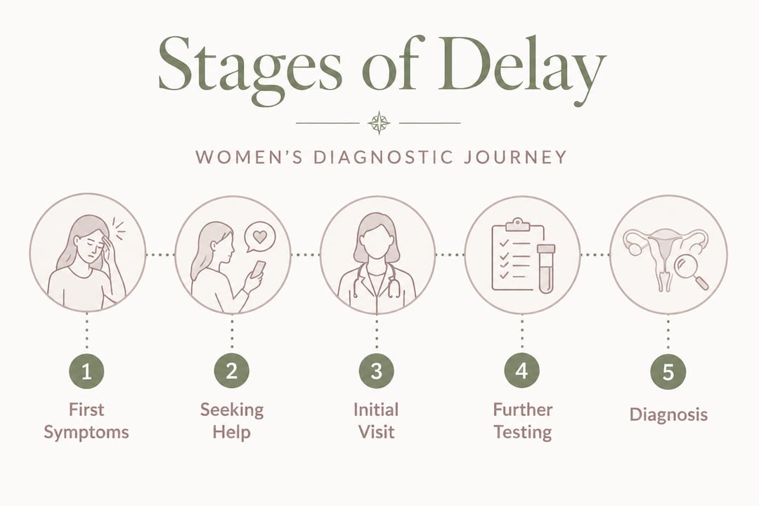 Infographic outlining stages of diagnostic delay in women