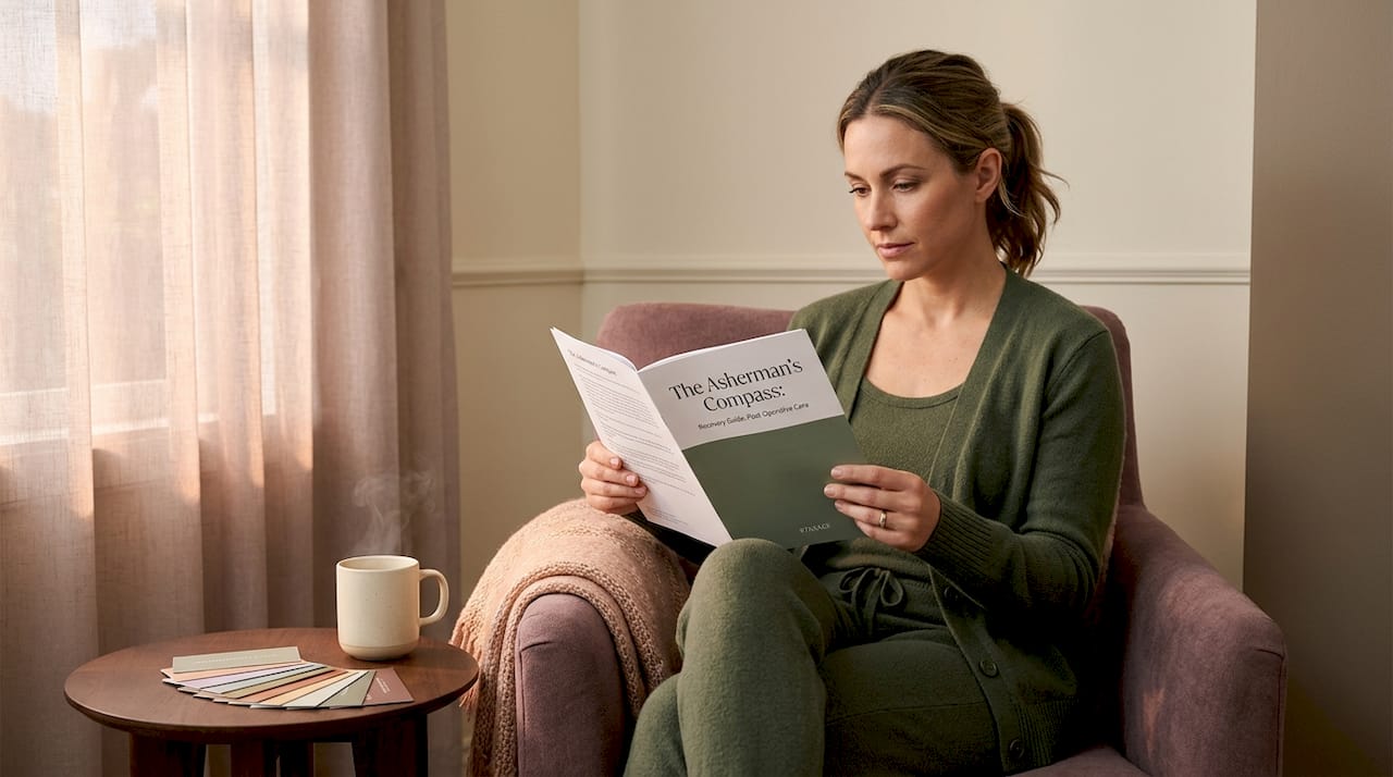 Woman reading recovery materials at home