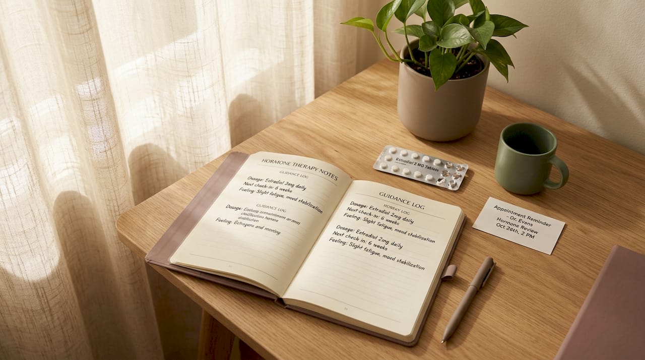 Desk with estrogen tablets, notes, and prescription