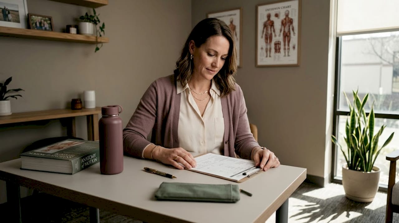 Physical therapist reviews notes in bright clinic