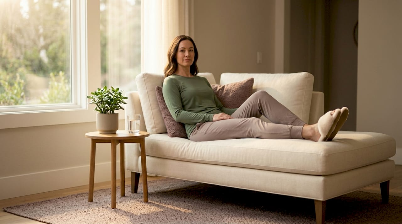 Woman practicing breathing exercise at home