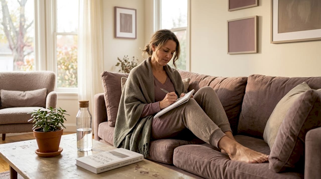 Woman journaling during home surgery recovery