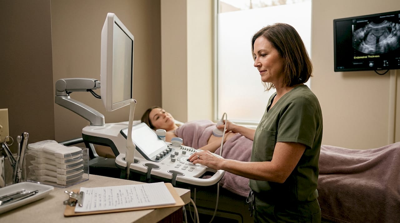 Sonographer performing pelvic ultrasound scan