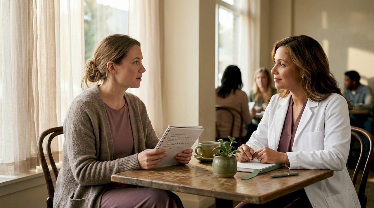 Woman discusses concerns with doctor in clinic
