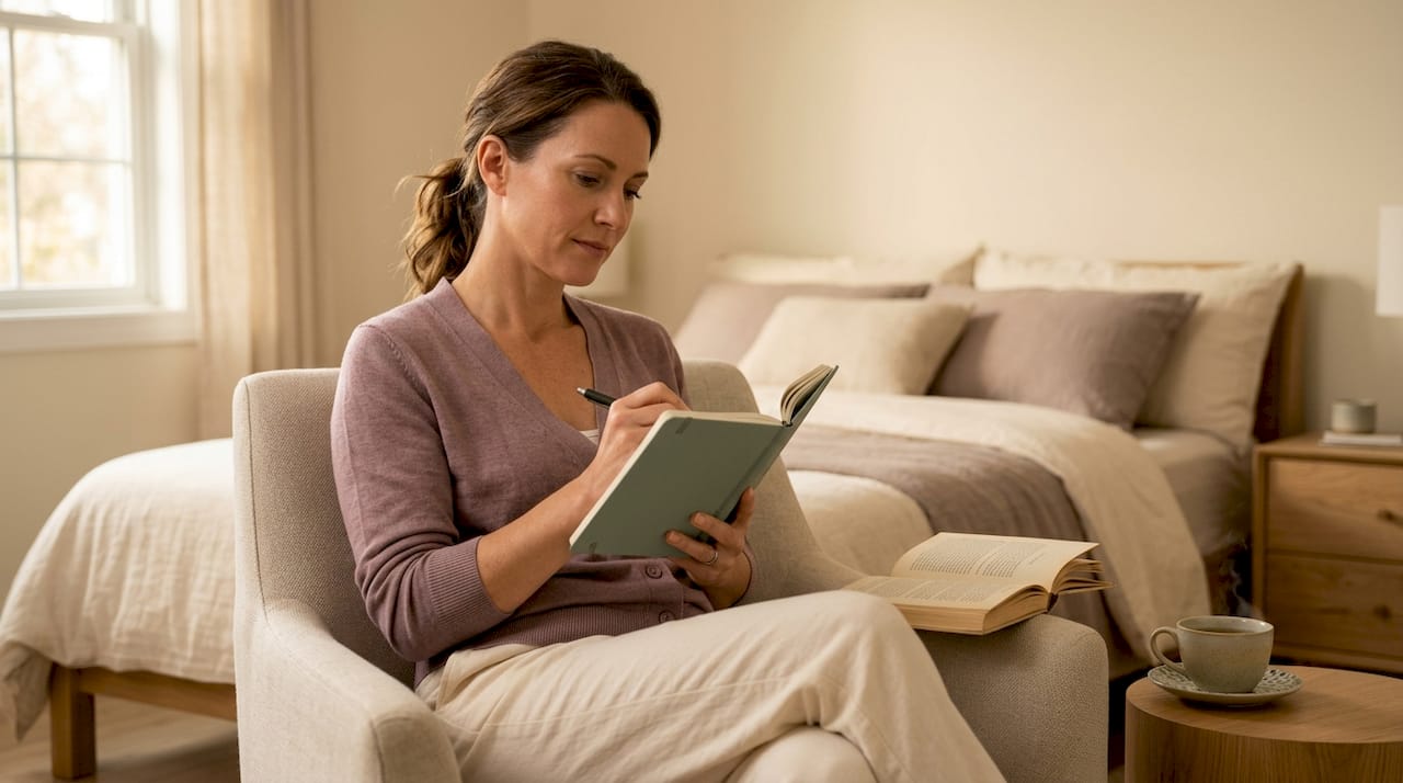 Woman journaling anxiety management at home