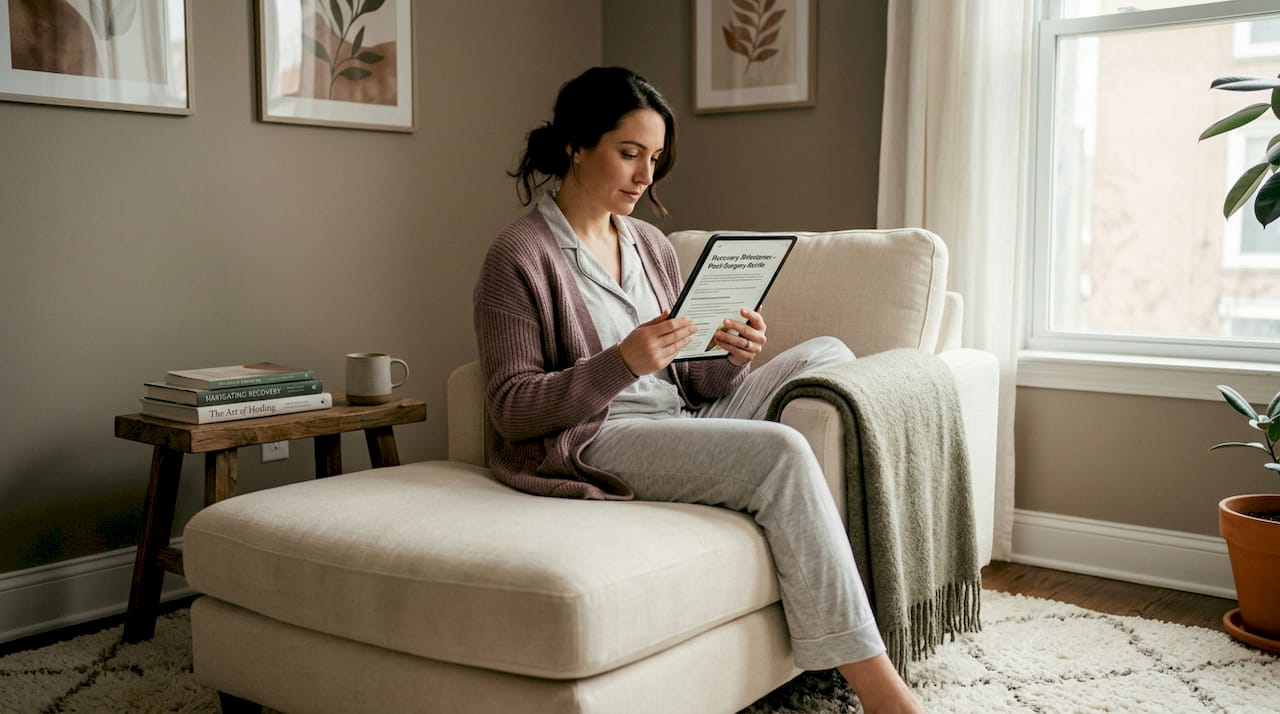Woman reviewing surgery recovery steps at home