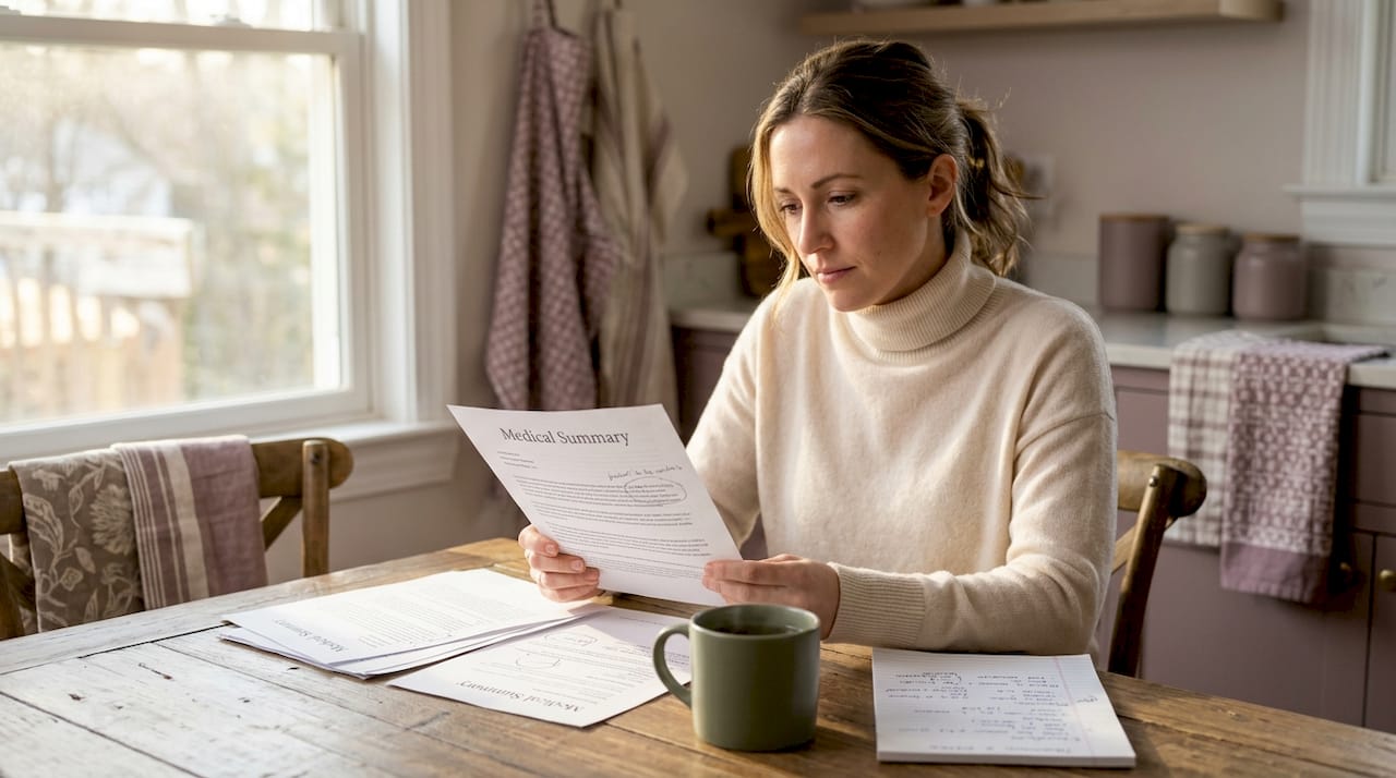 Woman reading medical report at kitchen table