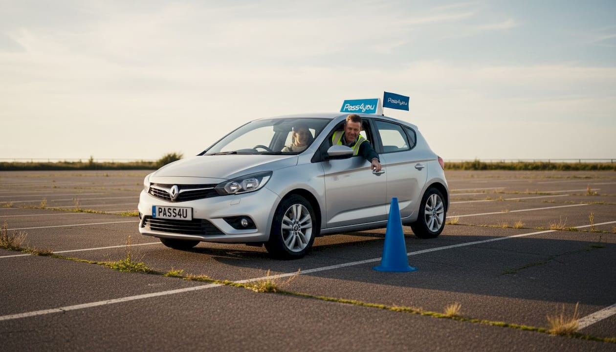 Learner driver listens to instructor in empty lot