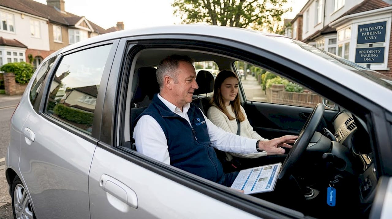 Driving instructor explaining lesson in car