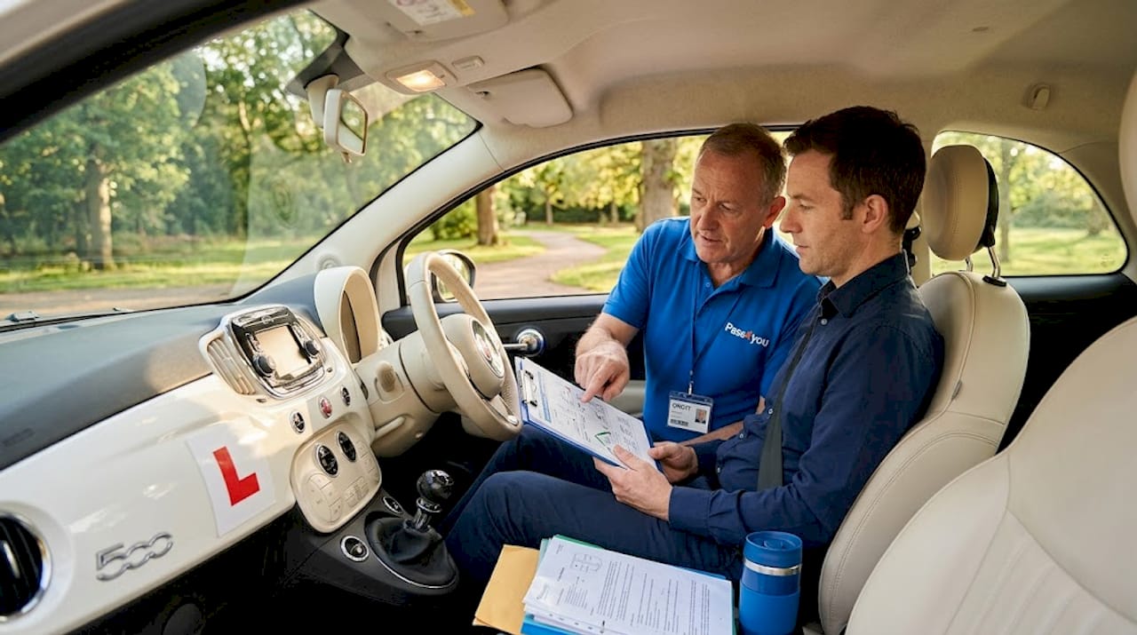 Trainee driving instructor practices with trainer in car