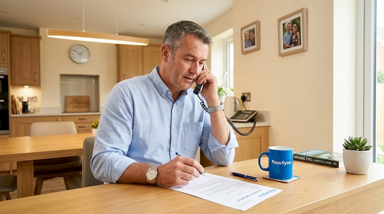 Man reads and discusses driving school contract
