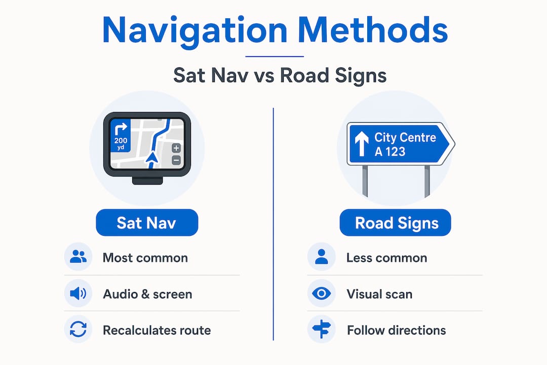 Infographic comparing sat nav and road signs navigation