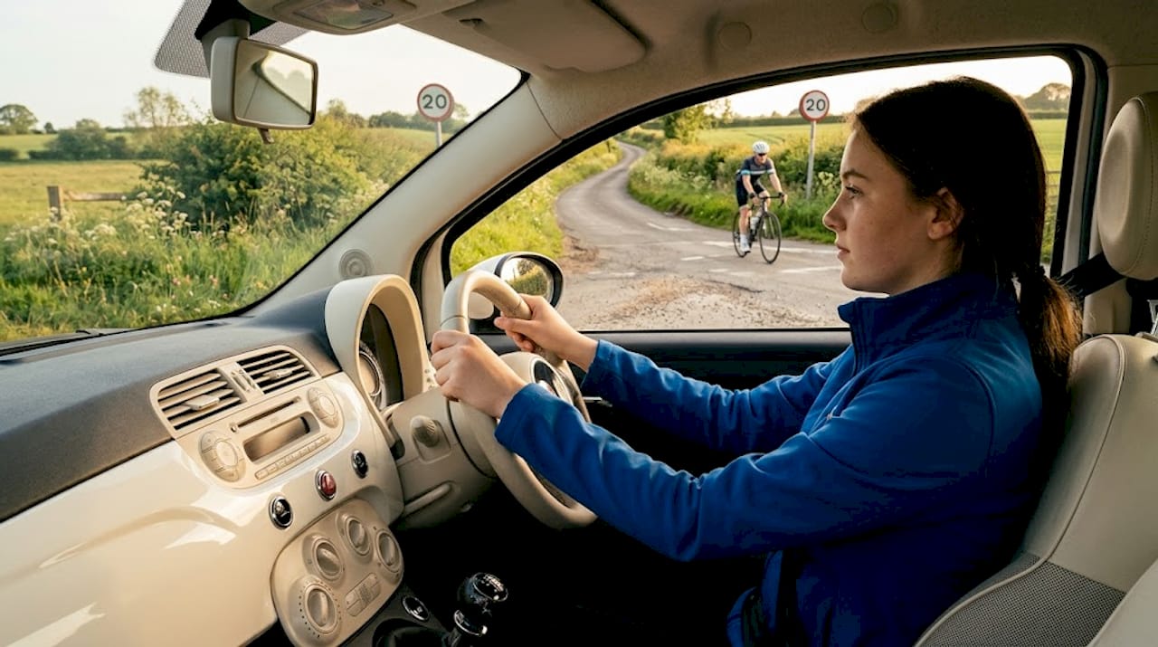Learner navigating speed limits residential road