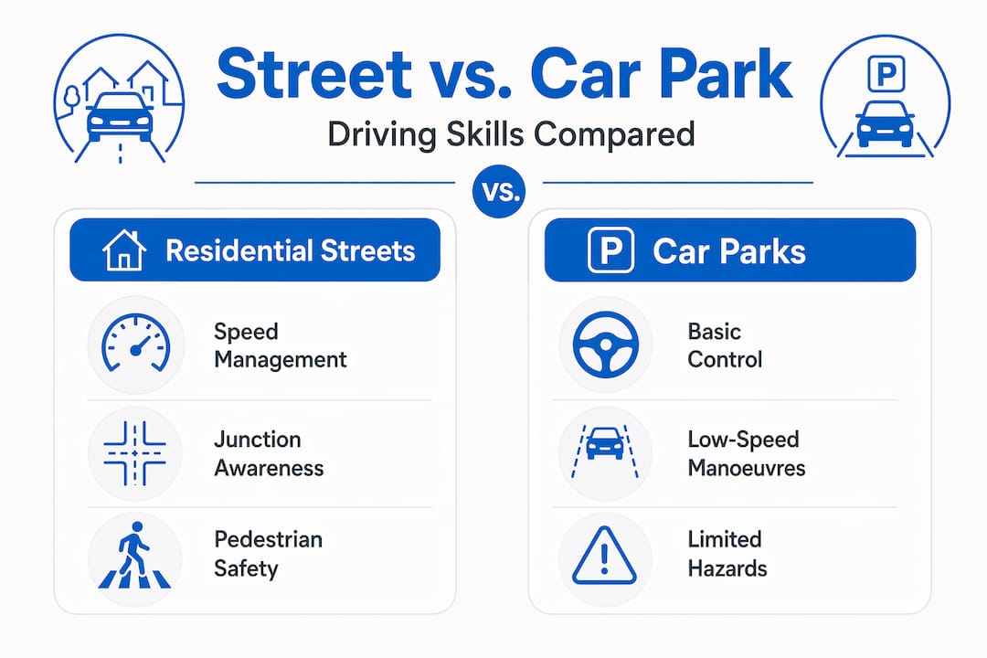 Infographic comparing street and car park driving skills