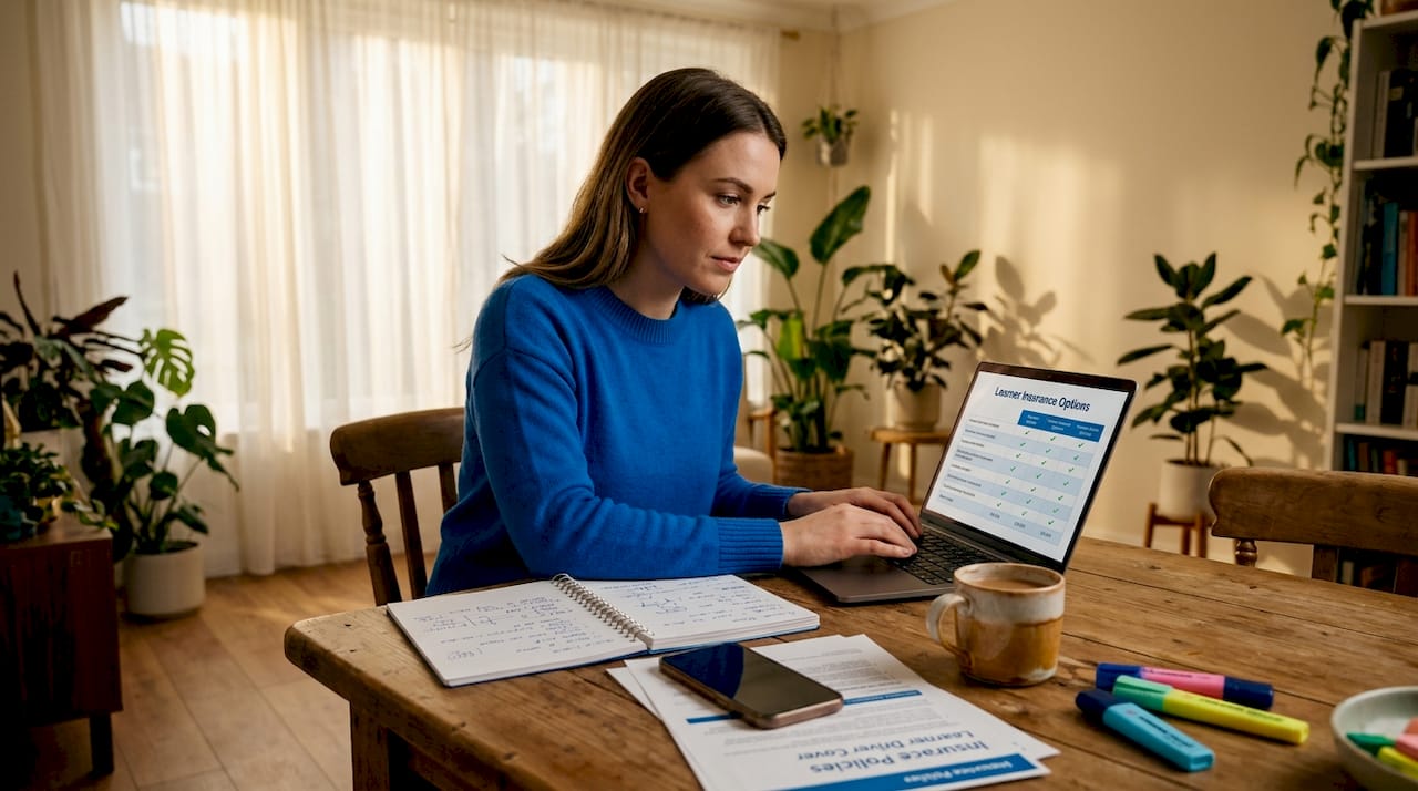 Young driver researching insurance on kitchen table