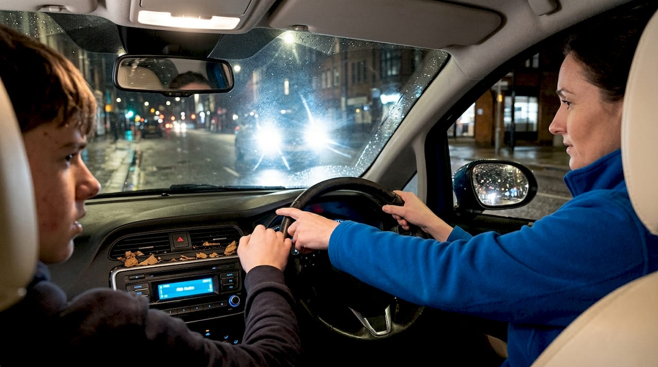 Learner driver facing glare at night