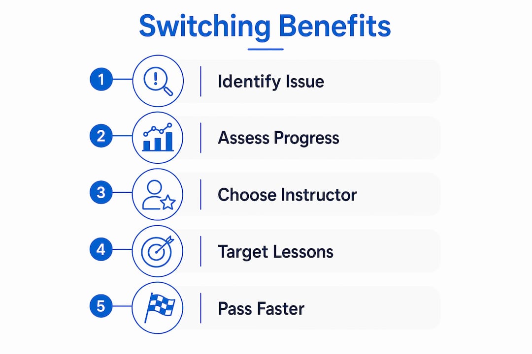 Infographic illustrating the five benefits of switching driving instructors