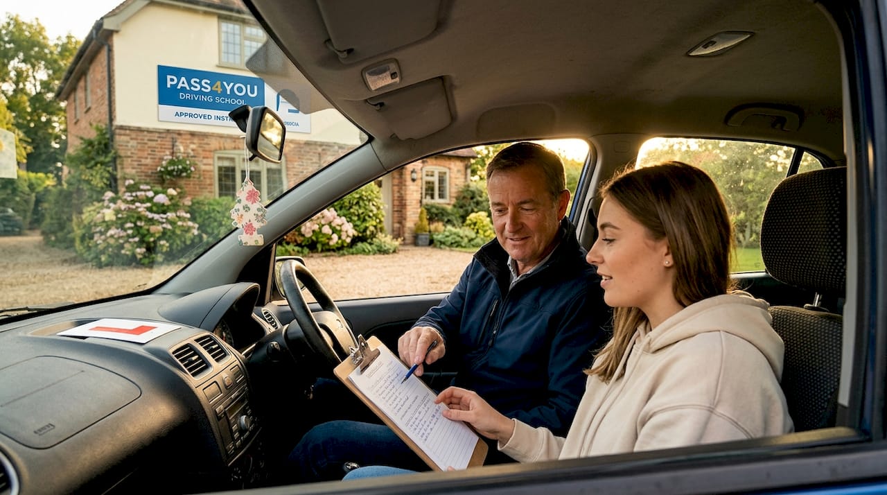 Driving lesson progress review discussion inside car