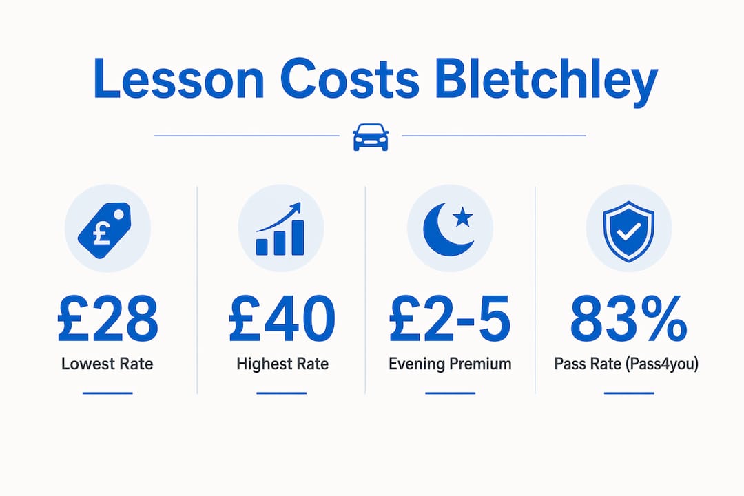 Infographic showing driving lesson cost statistics in Bletchley