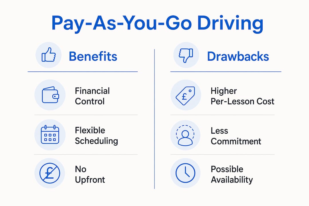 Infographic showing benefits and drawbacks of pay-as-you-go driving lessons