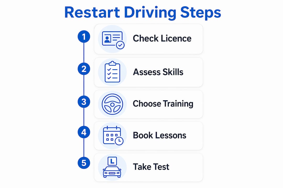 Infographic outlining steps to restart driving lessons