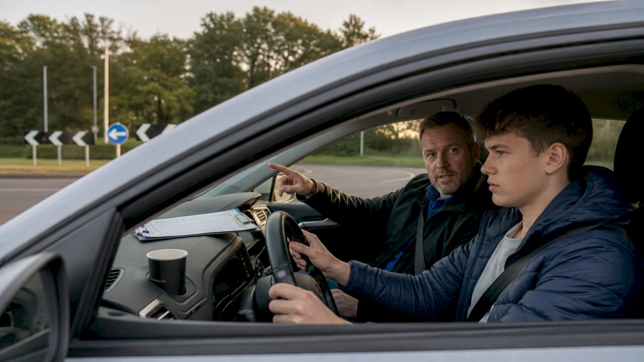 Driving instructor guiding learner at roundabout