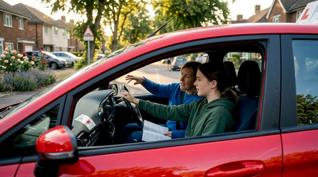 Driving instructor teaching learner in car