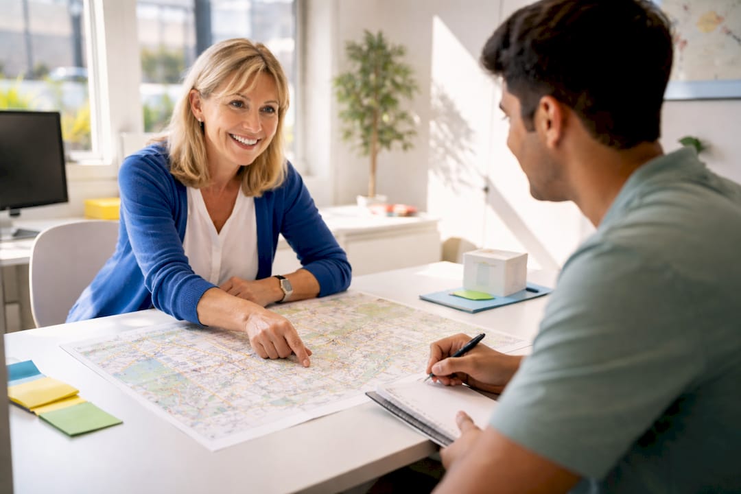 Instructor explaining local test routes using map in office