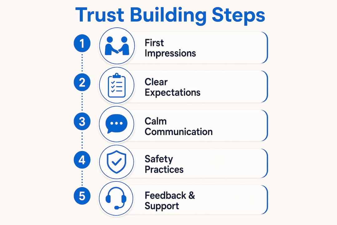 Infographic illustrating steps to build trust between learner and instructor