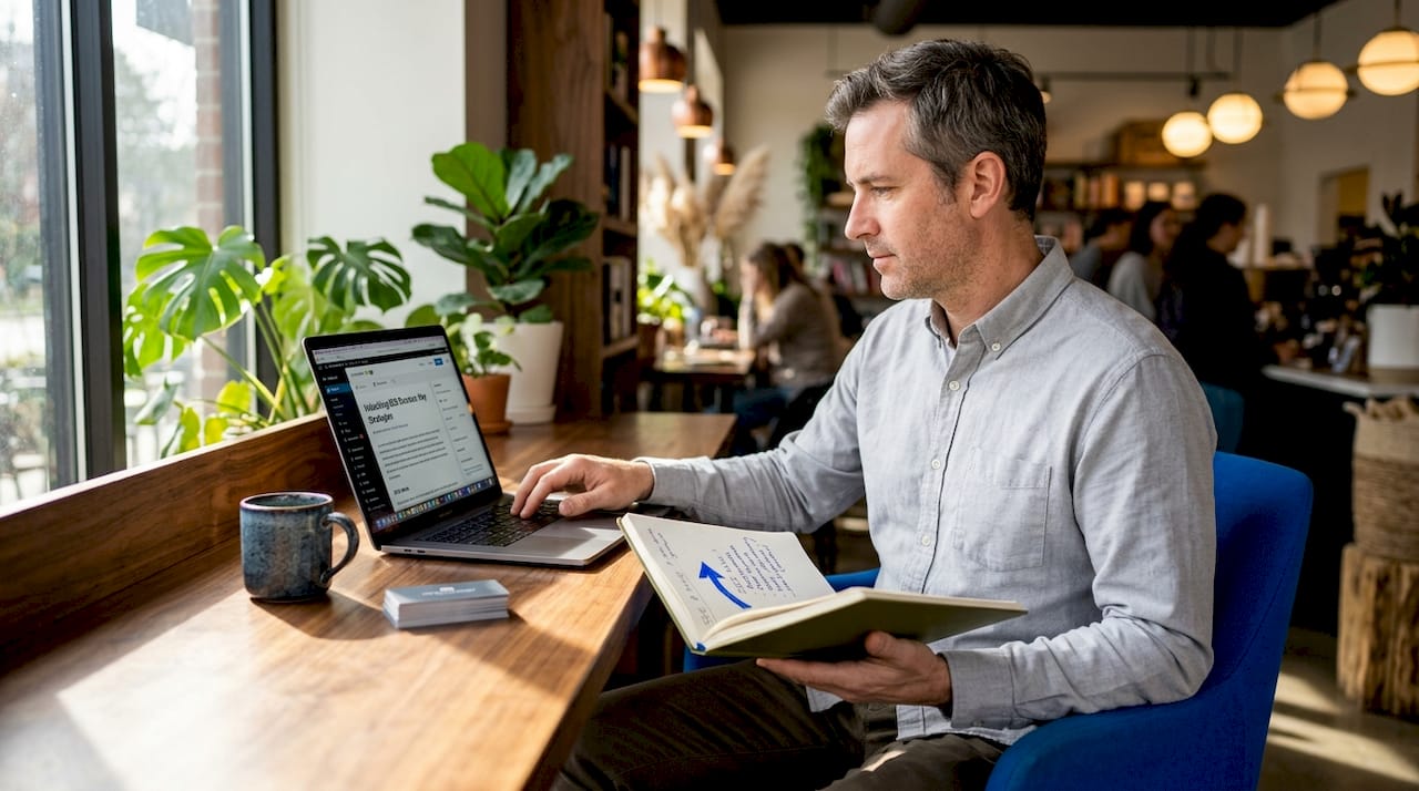 Man editing blog post, focusing on screen