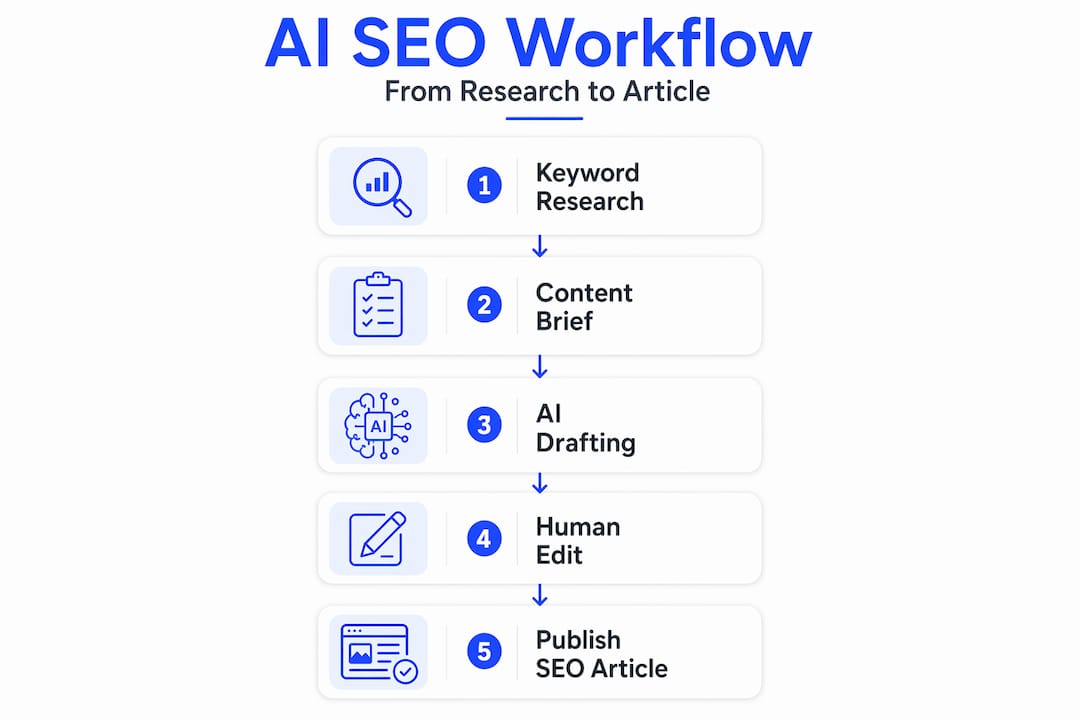 Infographic vertical workflow of AI SEO drafting steps