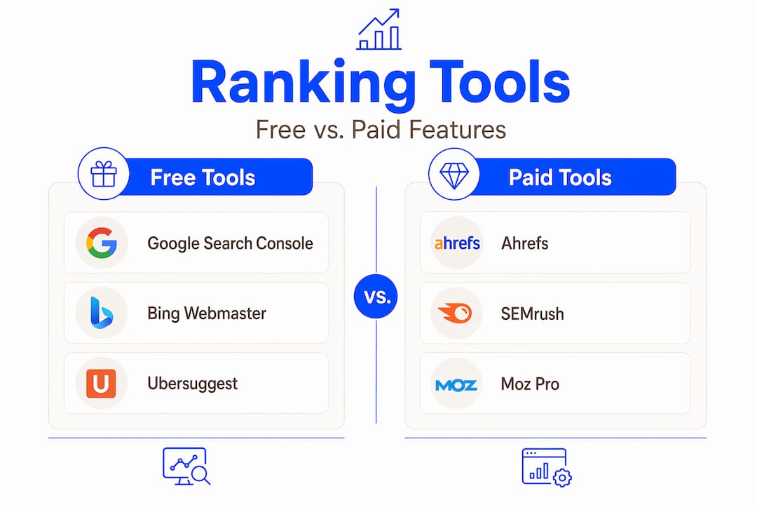 Infographic comparing free and paid ranking tools