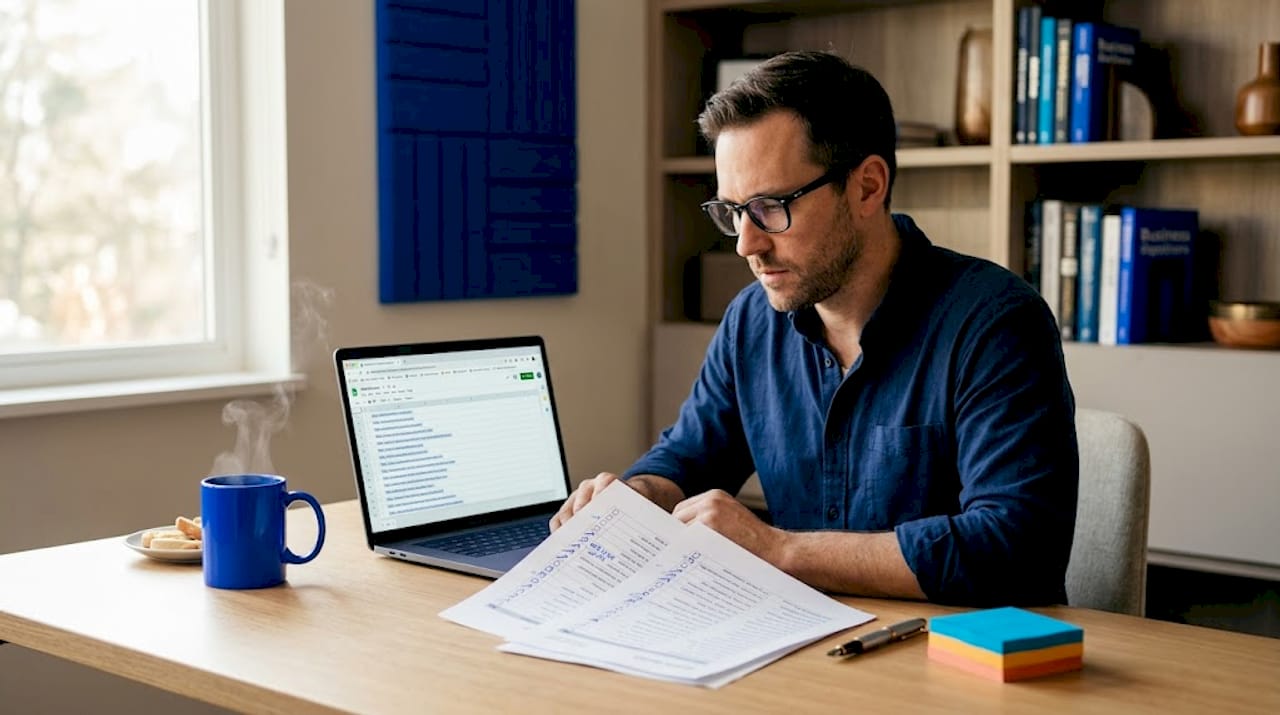 Man auditing website pages on laptop