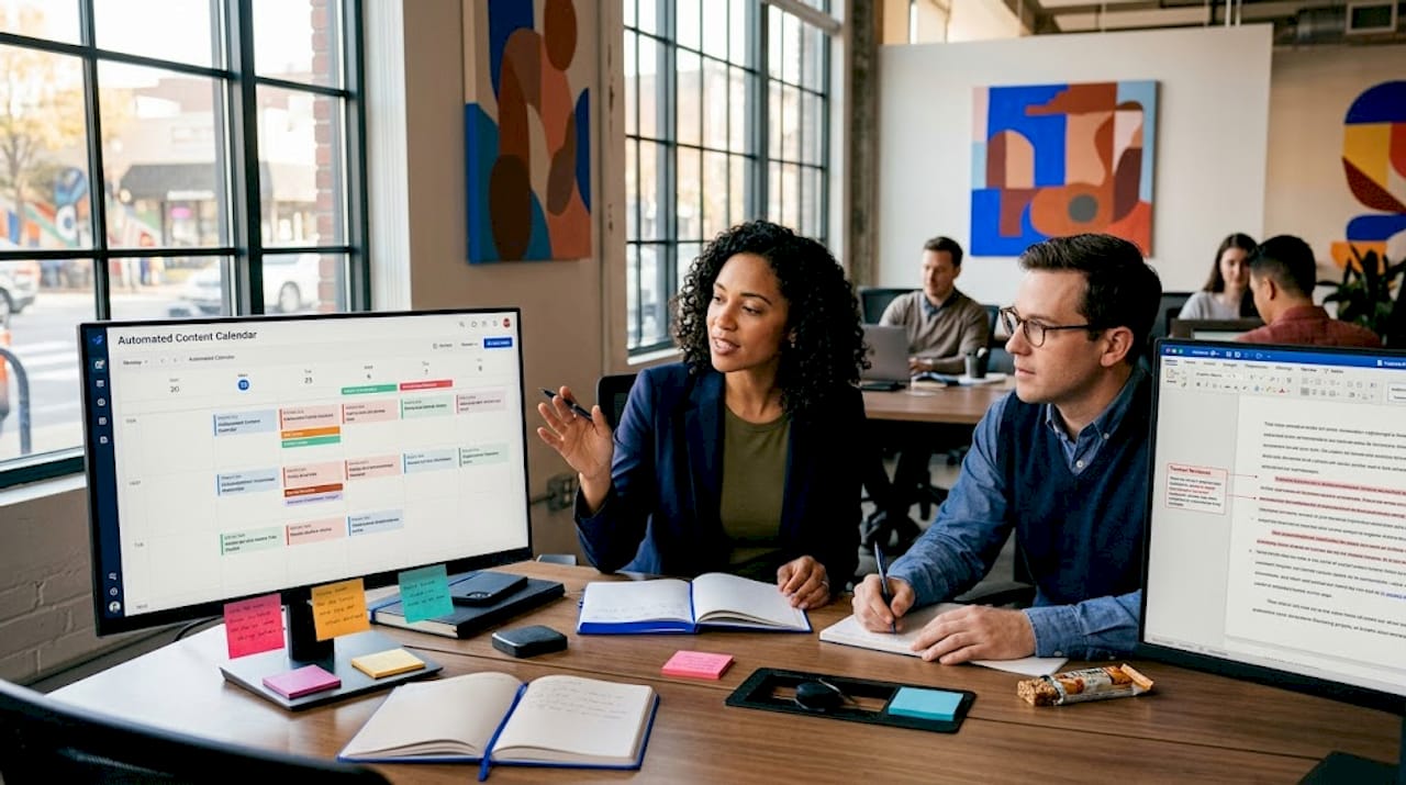 Team reviewing AI-generated content in shared workspace