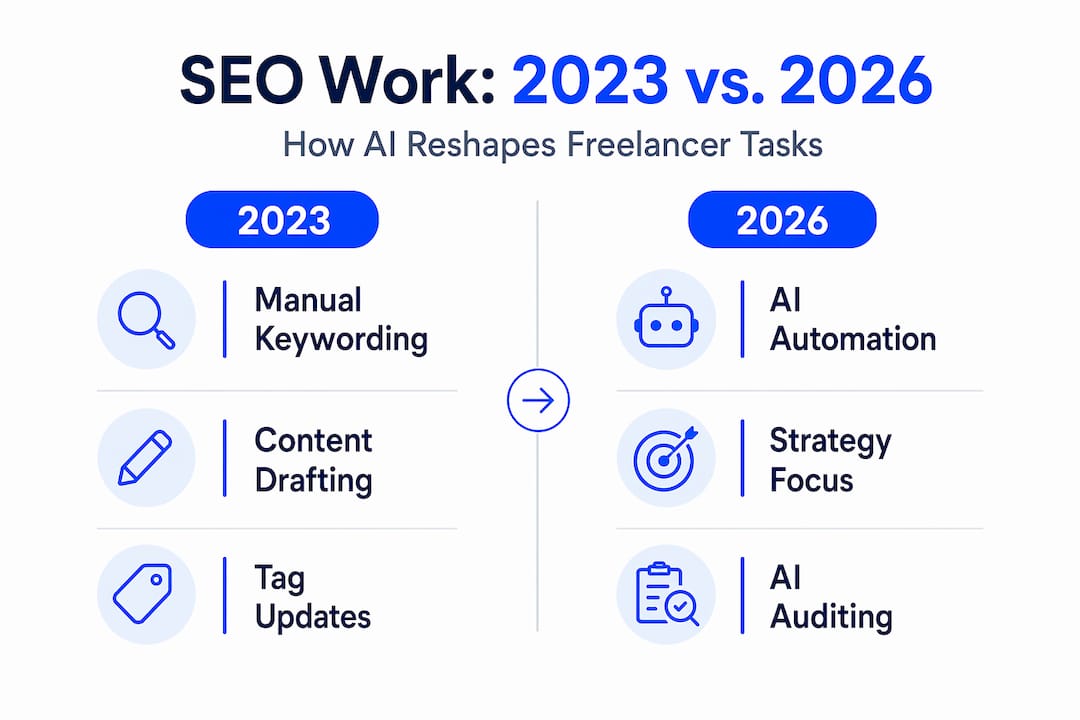 Infographic comparing SEO freelancer roles in 2023 and 2026