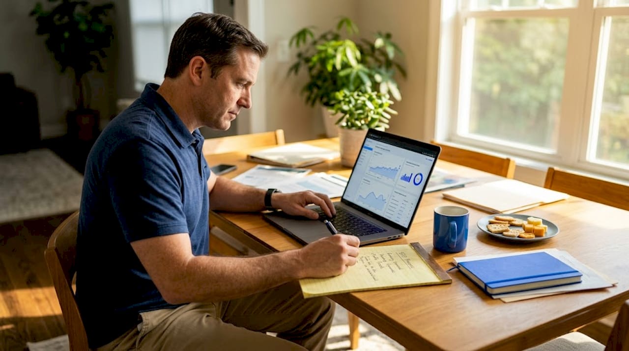 Small business owner multitasking at kitchen table